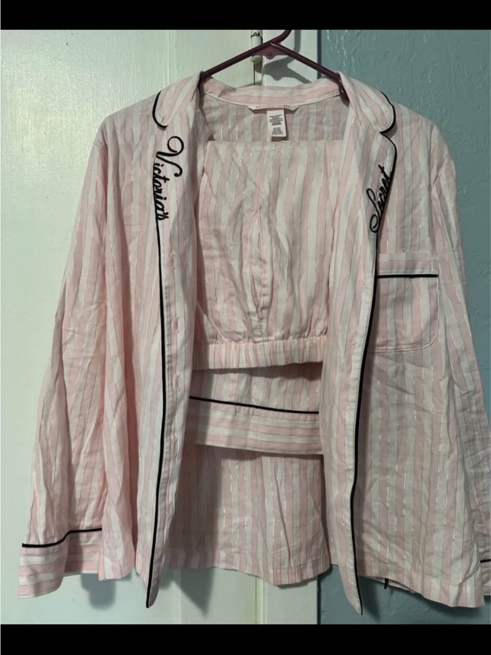 Victoria's Secret Pink and White Striped Pajama Jacket with Black Piping